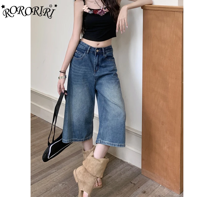 RORORIRI 아메리칸 빈티지 하이웨이스트 스트레이트 레그 크롭 진 여성용 2025 신상 와이드 레그 데님 카프리 팬츠 여름 의류