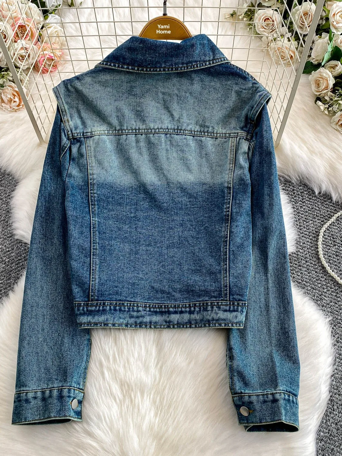 레트로 아메리칸 블루 워시드 데님 칼라 재킷 숏 아우터웨어 여성용 가을 겨울 루즈 슬림핏 탑 버튼 클로저