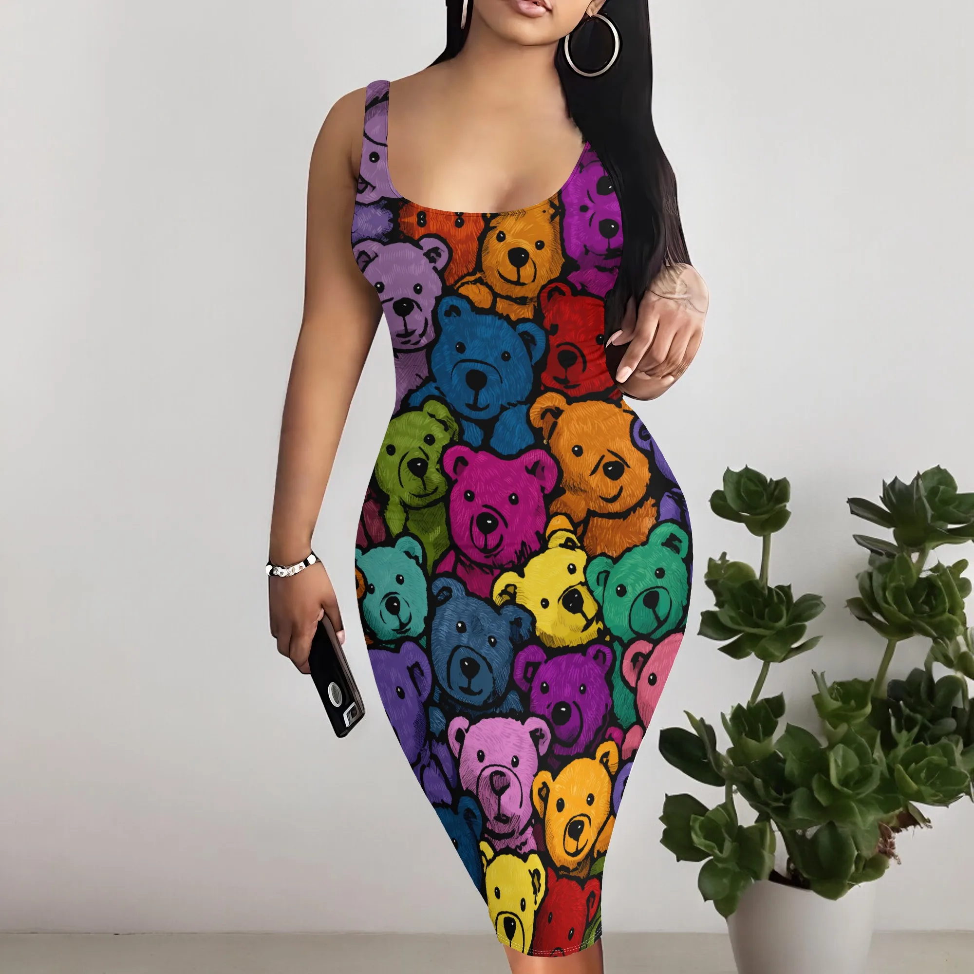 

Cute Bear Print Tank Dress Women's Sleeveless Bodycon Midi Dress Kawaii Teddy Bear Graphic Summer Party Clubwear Dresses S-3XL
