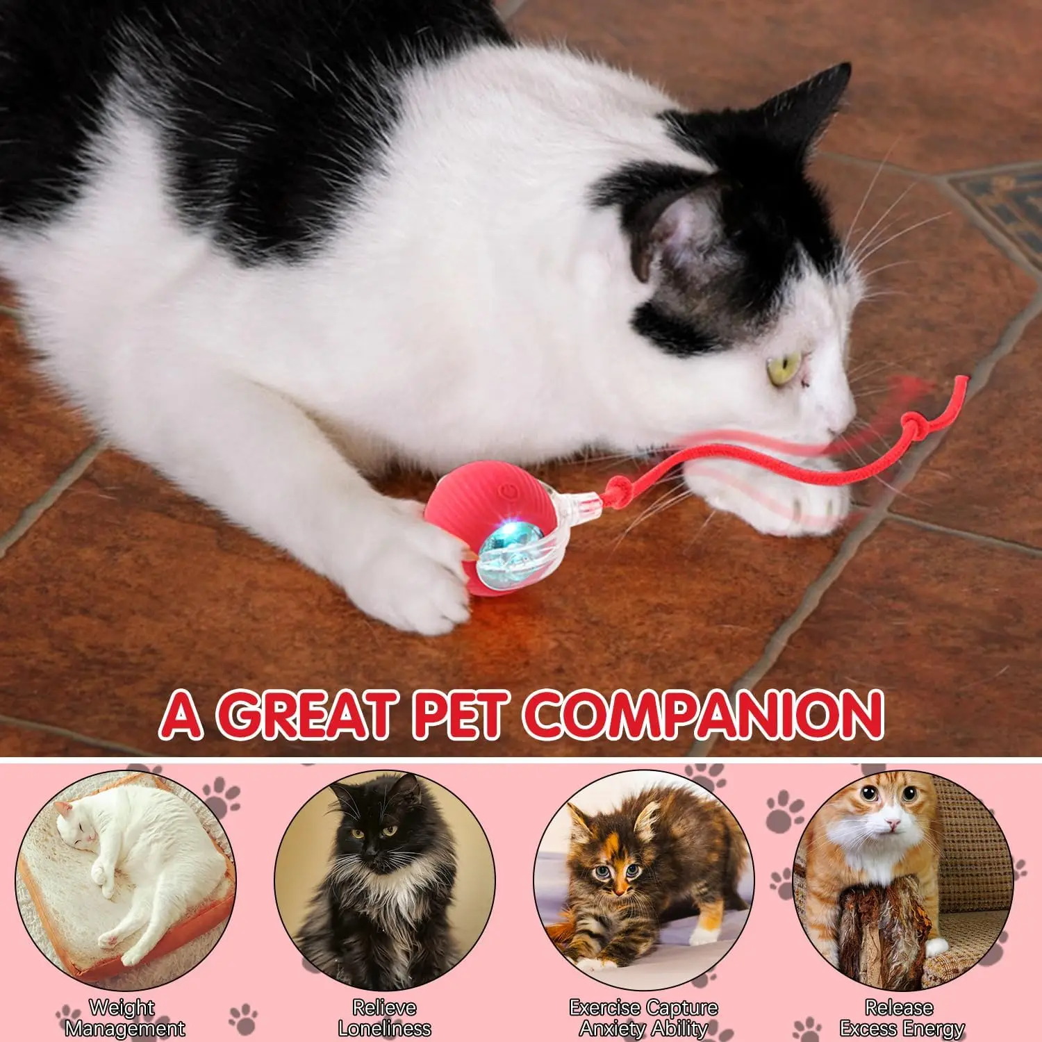 Cat Interactive Ball Toy 3 Mode Automatic Rolling Ball Faux Tail Rechargeable Smart Pet Electric Toy Cat Training Imitate Mouse