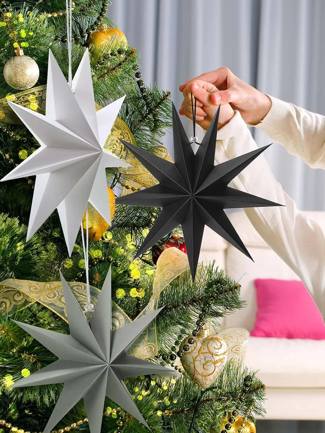 1Pc Black White Gray Paper Lanterns Hanging Star Lampshade Christmas Nine-Pointed Star Origami Lanterns Household Decorations