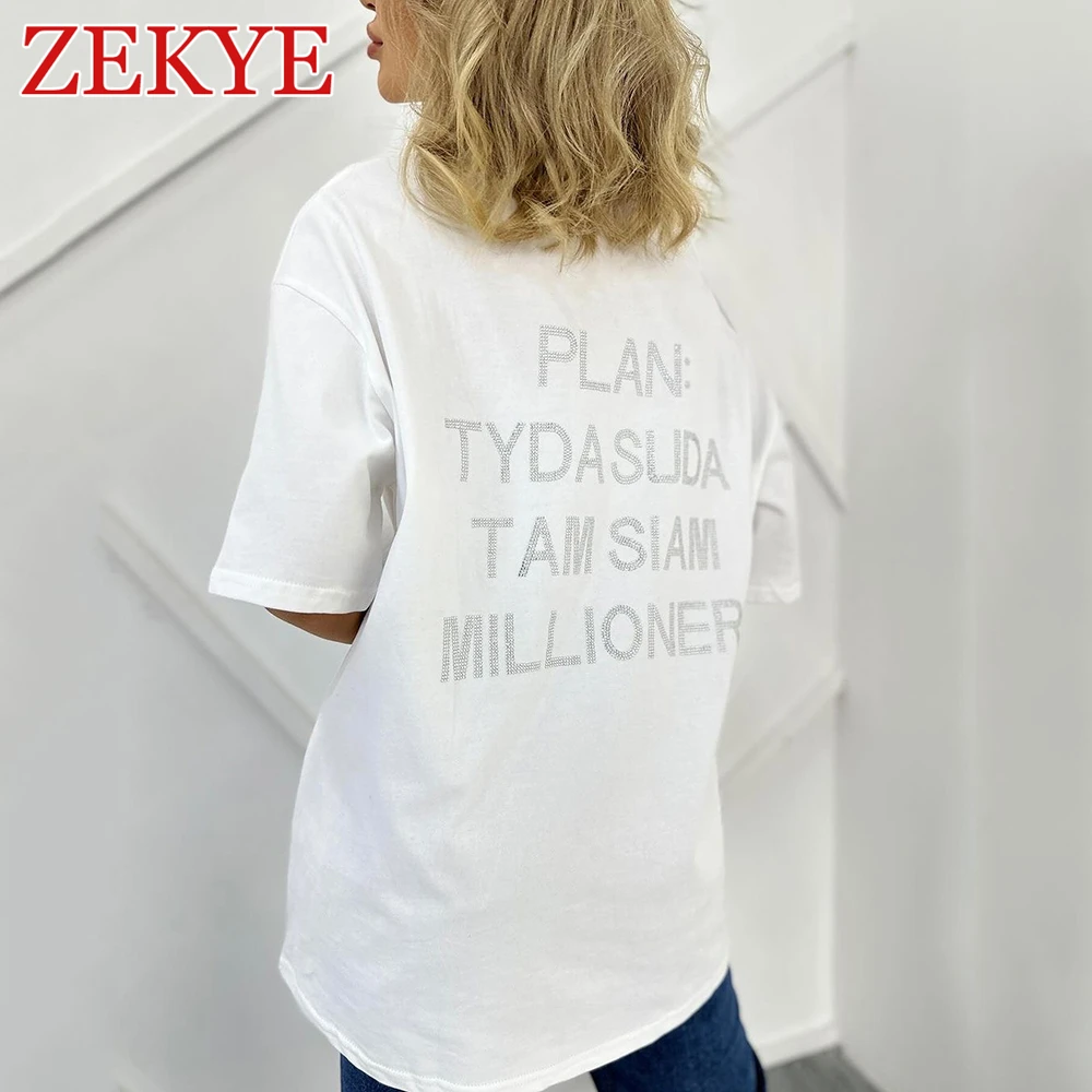 Zekye Rhinestone Letter Casual Tee Shirt Oversize Bodyfriend Style Korean O Neck Summer T Shirt Women Streetwear Harajuku Tops