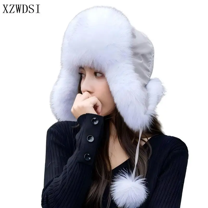

Women's Real Fox Fur Hat Russian Trapper Snow Skiing Hats Waterproof Top Earflap Caps Winter Raccoon Fur Bomber cap