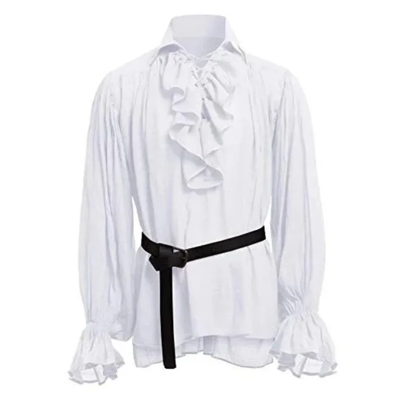 Christmas Mens Medieval Shirts Poet's Renaissance Cosplay Costume Pirate Captain Lace Up Ruffle Tops Sand Collar Shirt