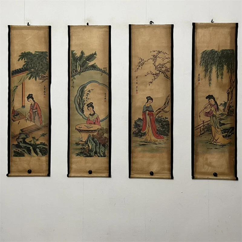 

China Old Scroll Painting, Four Screen Paintings, Middle Hall Hanging Painting, Chinese beauties