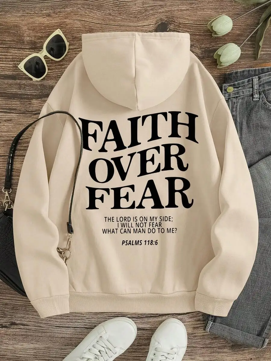 

Women's Oversized Hoodie with Bold Slogan Print - Faith Over Fear Design
