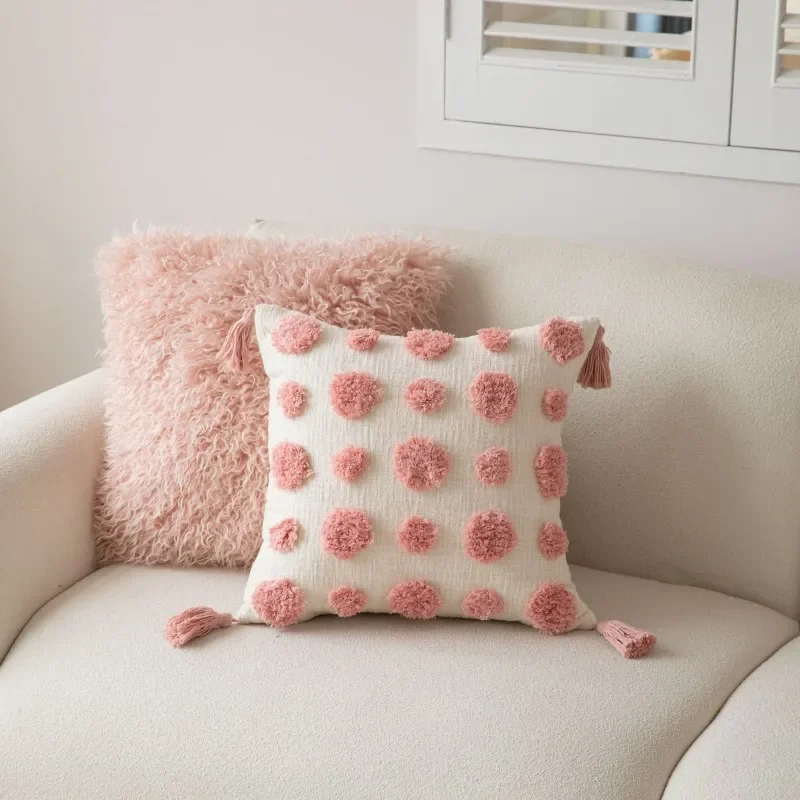 New Tassel Throw Pillow, Living Room Sofa, Modern Pink Wave Dot Pillow, Square Pillow Cover