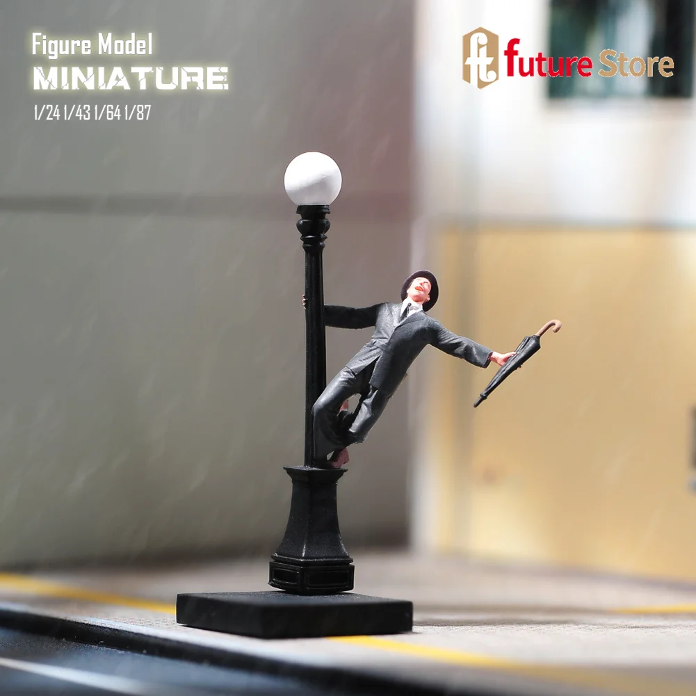 Resin 3D Print 1/87 1/64 1/43 1/24 Male Singer Sing Dance Under Streetlights Rainny Scene Props Creative Figure Model Figurine