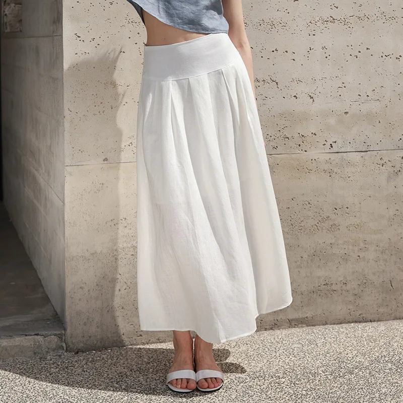 French White Skirt Women Summer Linen High Wasit Elegant Vintage A-line Casual Fashion Streetwear Office Lady Faldas Long Skirts