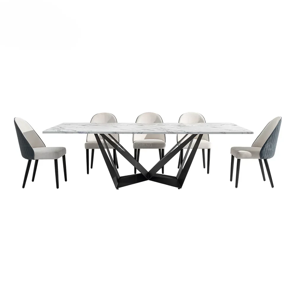 nordic modern luxury minilistic dining table and 7 chair set 10 seat Guangzhou combination black long square marble dining table