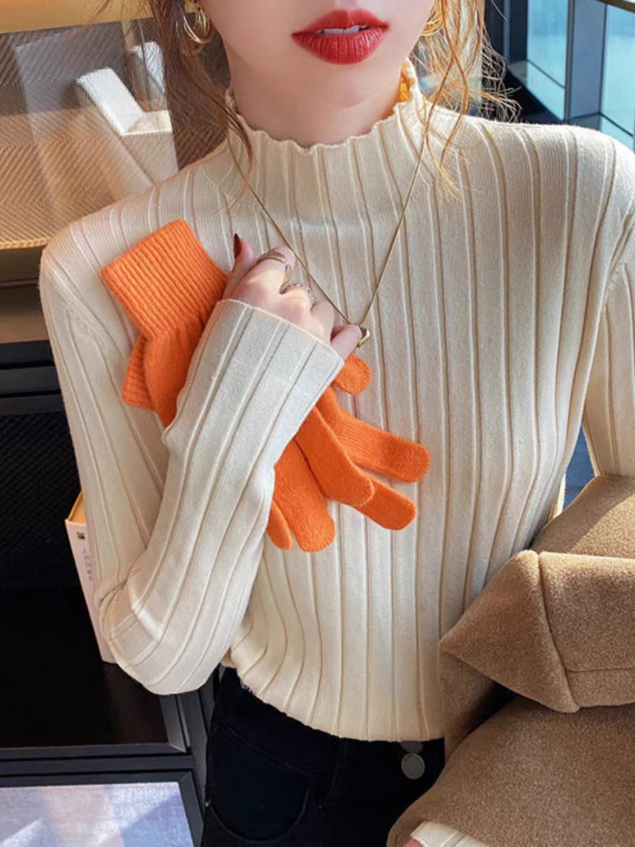 Camiseta de Punto de Color Puro para Mujer, Cuello Alto, Ropa Interior para Otoño e Invierno, Estilo Moderno para el Trabajo, Corte Ajustado, Manga Larga