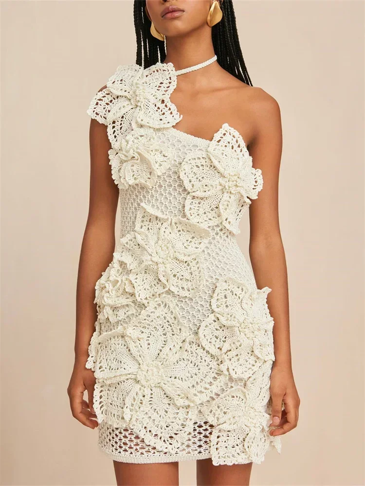 XIZOU Elegant Crochet Dress Women Summer Halterneck Diagonal Collar Backless Lace-Up Flower Embroidery Sexy Trend Bodycon