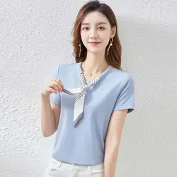 Women Summer Fashion Simplicity Lacing Solid Color Loose V-neck Short Sleeve Tee Shirt Women Clothes Casual Cotton Top Tee
