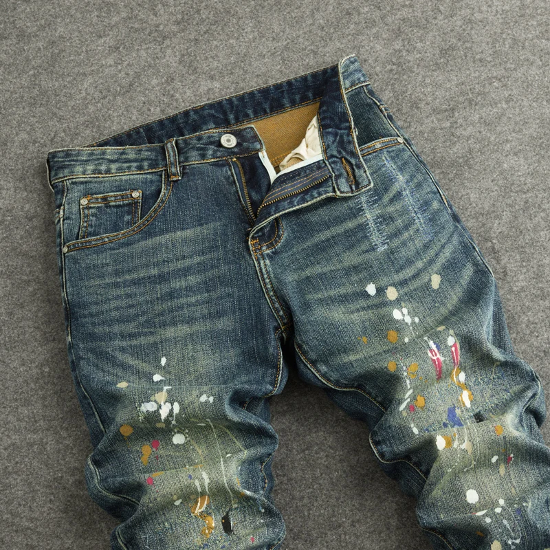 Y2K Street Designer Fashion Men Jeans Retro Blue Stretch Slim Fit Painted Ripped Jeans Men Hip Hop Vintage Casual Denim Pants