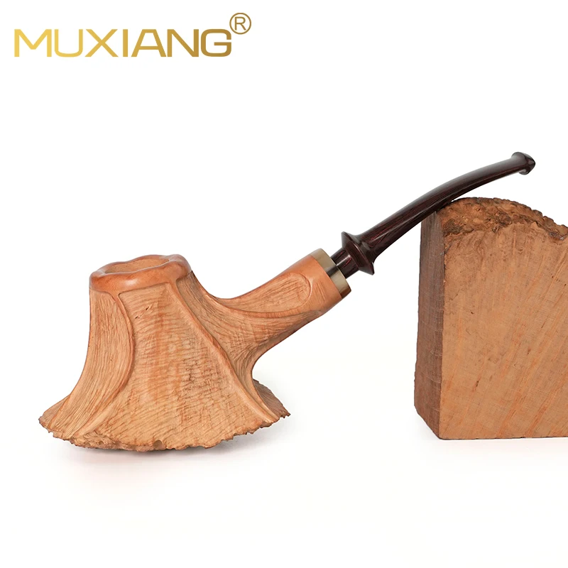 MUXIANG Hand-carve solid wood pipe Original wood color briar wood pipe Large volcano model pipe Soft vulcanize rubber pipe mouth