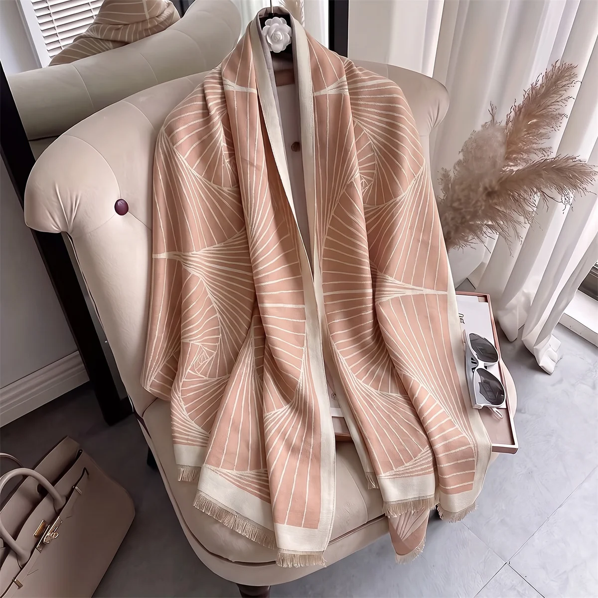 Wind Resistant Radial Geometric Satin Scarf Fringed Warm Shawl Portable Neck Wrap Female Road Trip Outdoor Coat Accessory