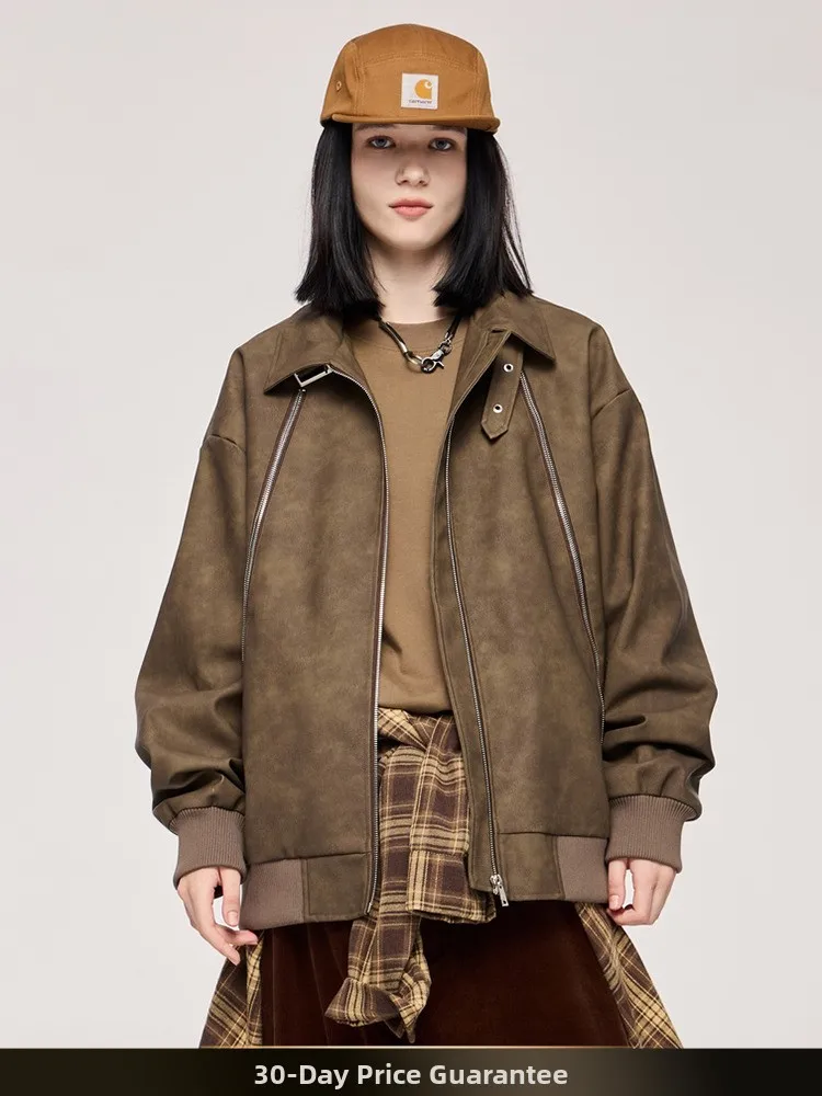 

American Retro Double Zipper PU Leather Jaet Autumn Winter New Sle Loose Casual Vintage Universal Outerwear