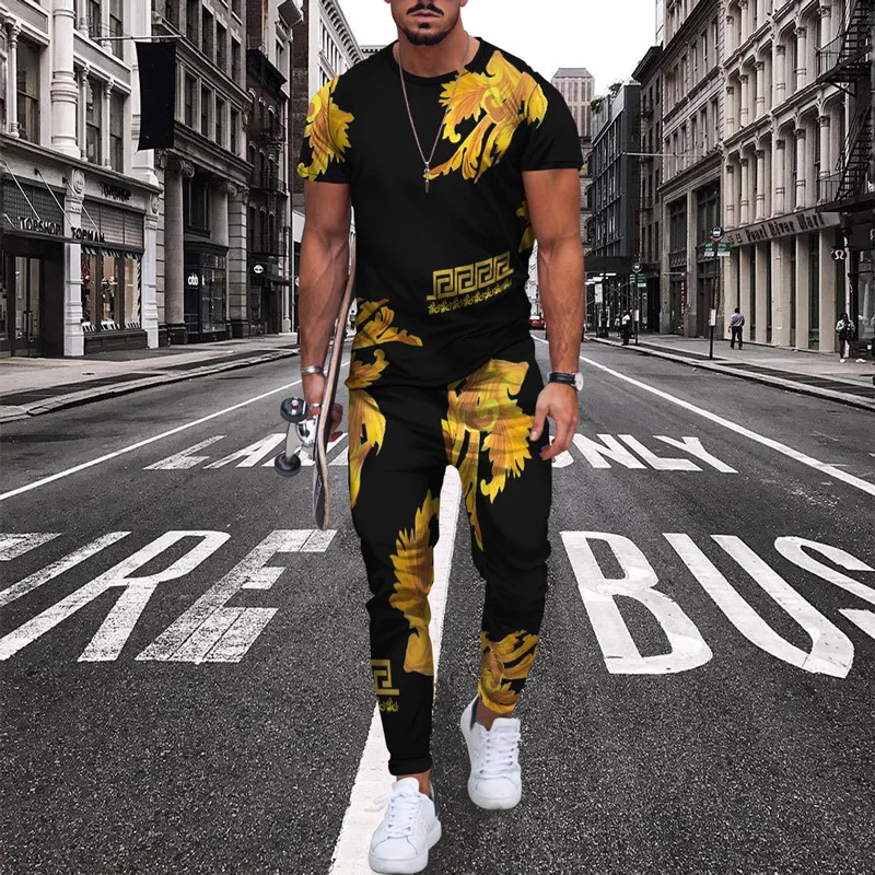 New Arrival Men's T Shirt+Long Pants Tracksuit 2 Piece Set Printing Summer Short Sleeve Trousers Street Unisex Men Clothing