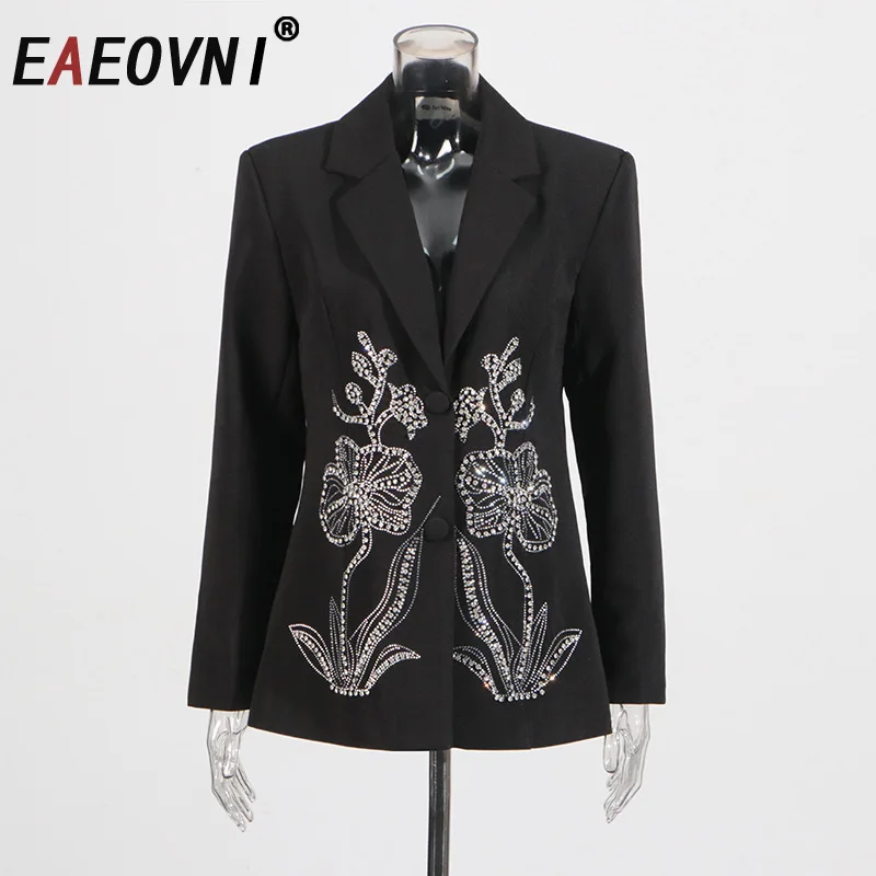 Eeovni diamante emendado flor design terno feminino preto gola entalhada manga longa botão blazer casaco moda 2026 novas roupas