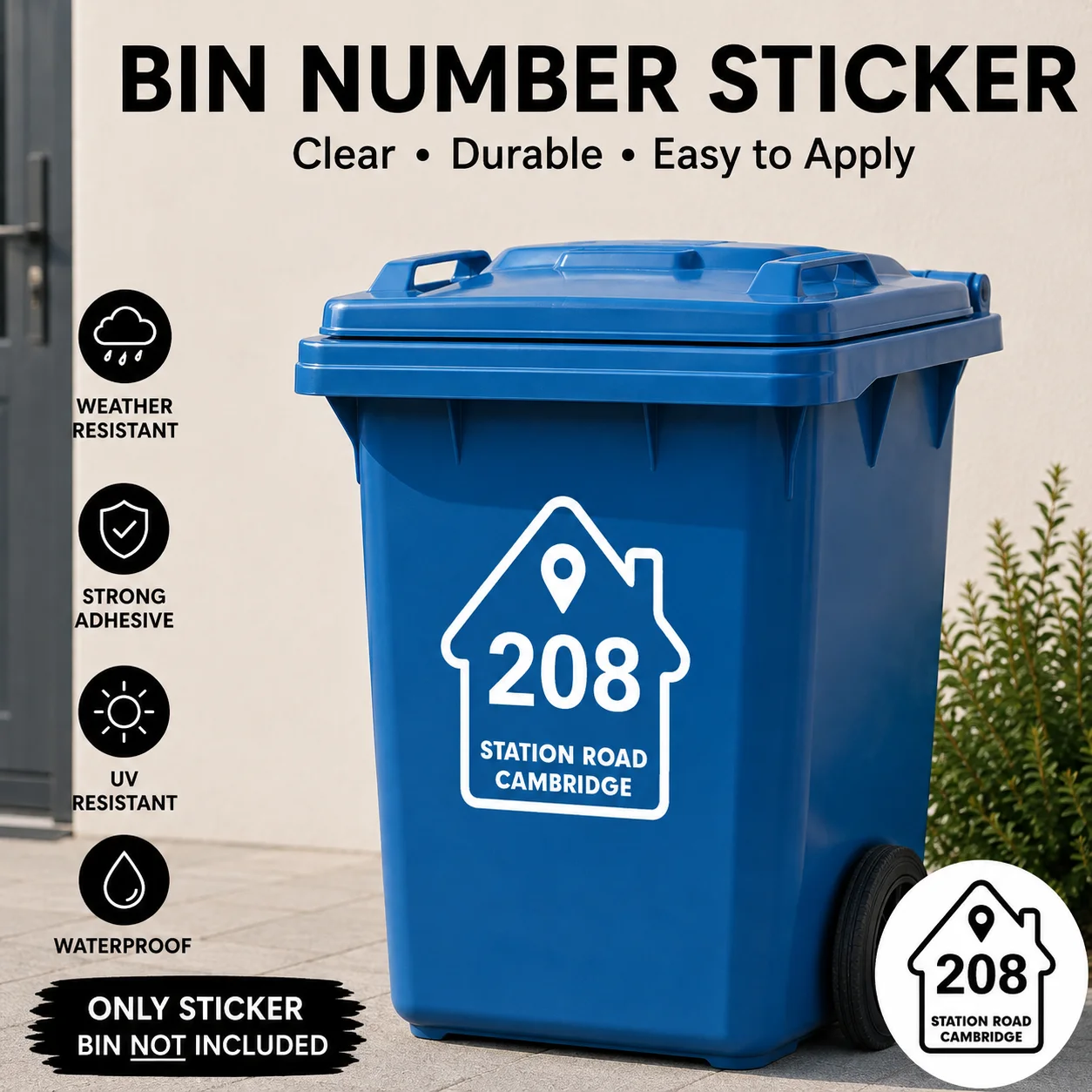 Custom Location Pin Wheelie Bin Sticker Waterproof UV Weather Resistant Vinyl Decal Strong Adhesive House Number Address Label