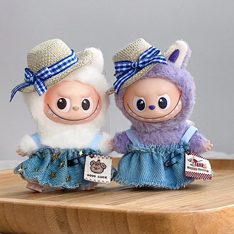 

For 10cm 4th Gen Mini Labubu Heart Code Star Dress & Fringed Straw Hat Set, Cute Outfit with Mini Tassel Hat for Vinyl Doll
