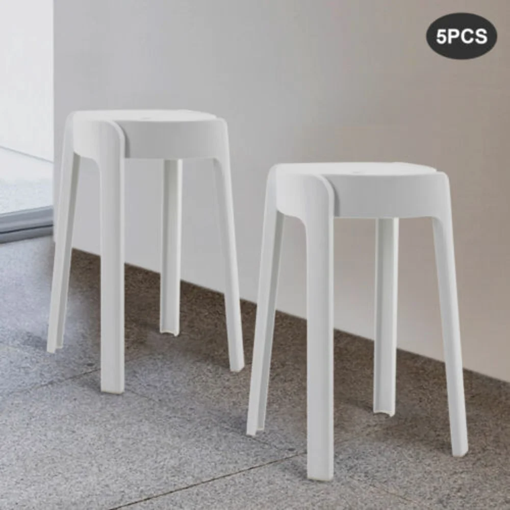 Bymaocar 5pcs White Plastic L-shaped Stools 18 in Height Indoor / Outdoor Kitchen Bar Stackable Chairs with Anti-slip foot Mat