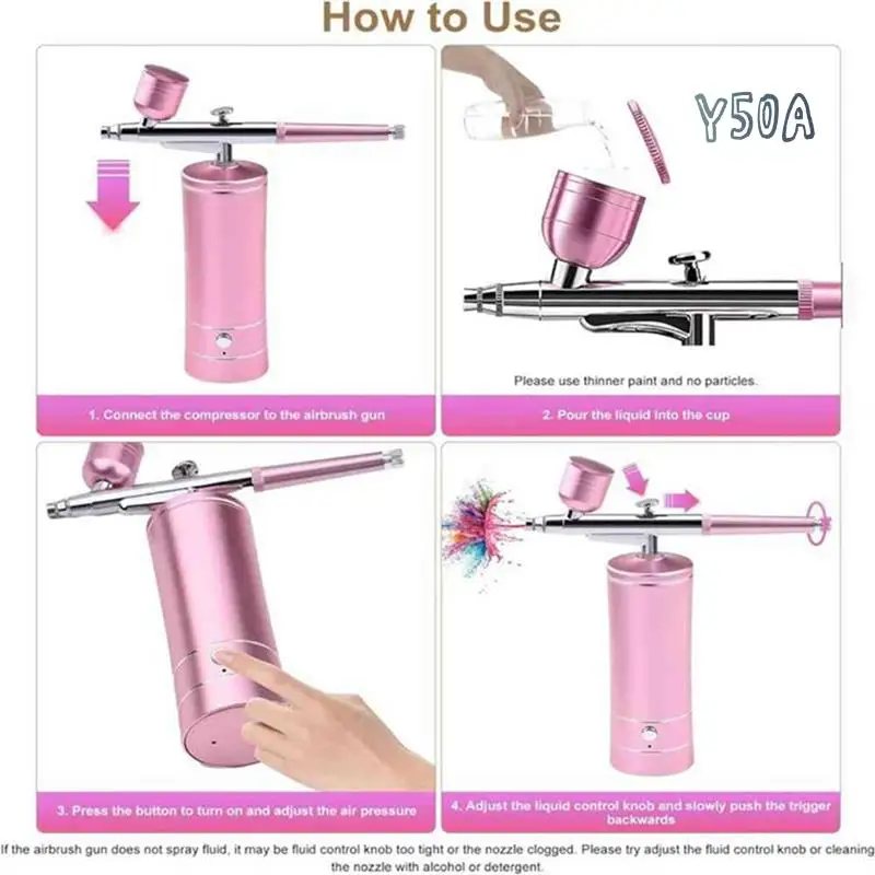 

Y50A-Airbrush For Nails Cordless Airbrush Kit Compressor 2Levels 36 Psi Pressure Rechargeable Air Brush Machine For Nail Art