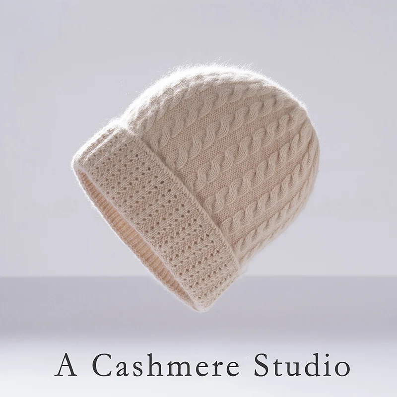 quality 100% cashmere hat men's and women's autumn winter knitting Fried Dough Twists flanging hat casual versatile warm ear cap