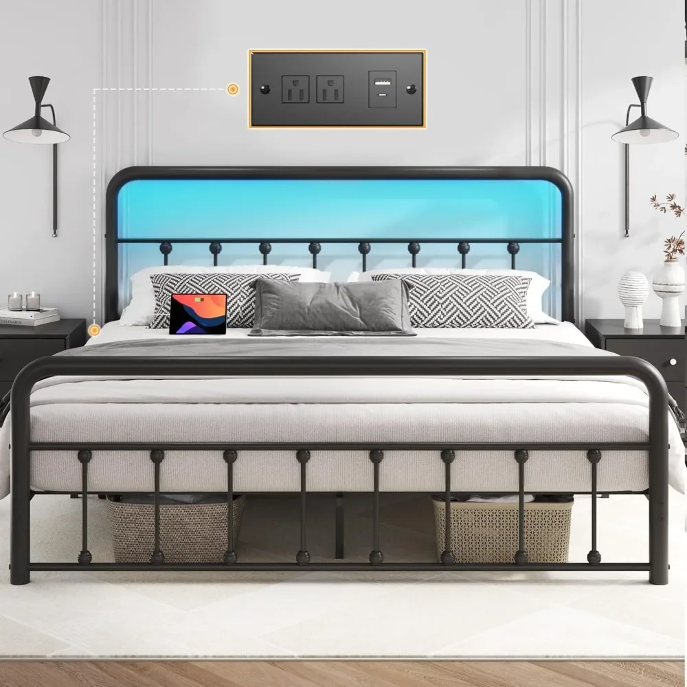

Queen Bed Frame Classic Metal Platform Bed Frame with Charging Station & LED, Victorian Style Iron-Art Headboard/Footboard, Unde