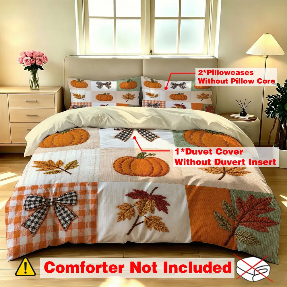 3 Pcs Thanksgiving Duvet Cover Set Pumpkin Bow Plaid Maple Leaf Print Patchwork Style Bedding Set for Home