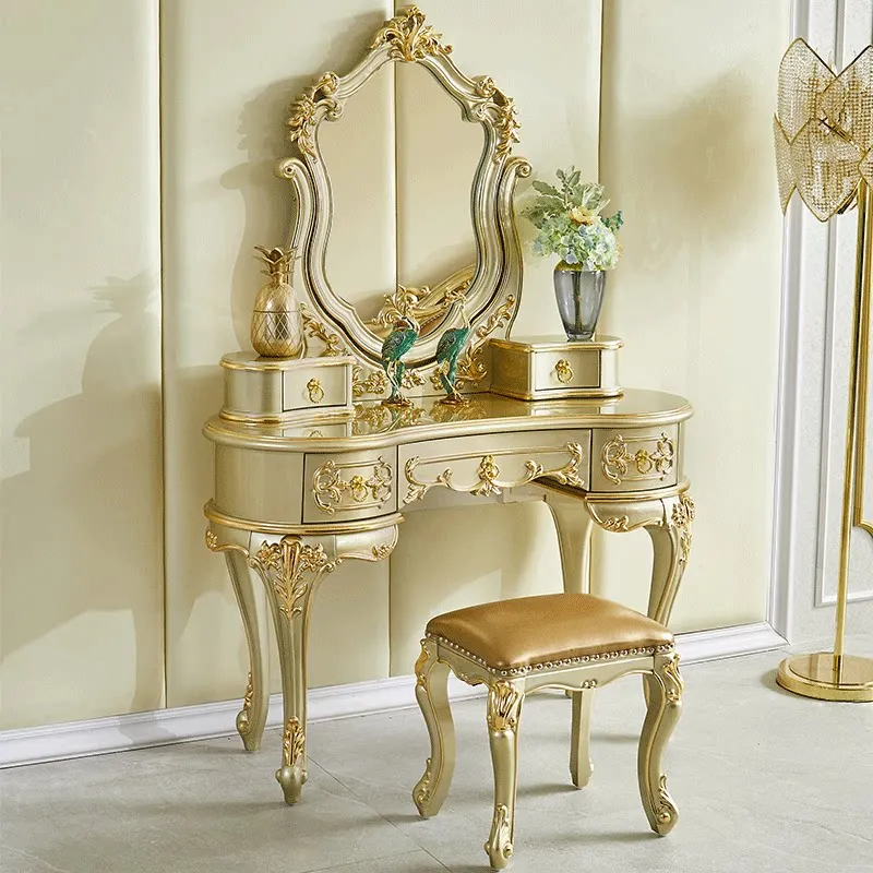 

Европейский туалетный столик PYJ из массива дерева с резьбой, для спальни, с зеркалом и местом для хранения украшений