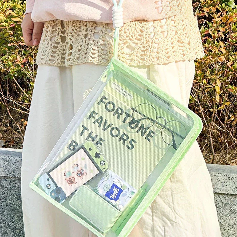 1PC Art Transparent Hand Zip Folder Test Paper Storage Bag Student Handheld Cartoon With Clipboard Hard Shell Homework Holder