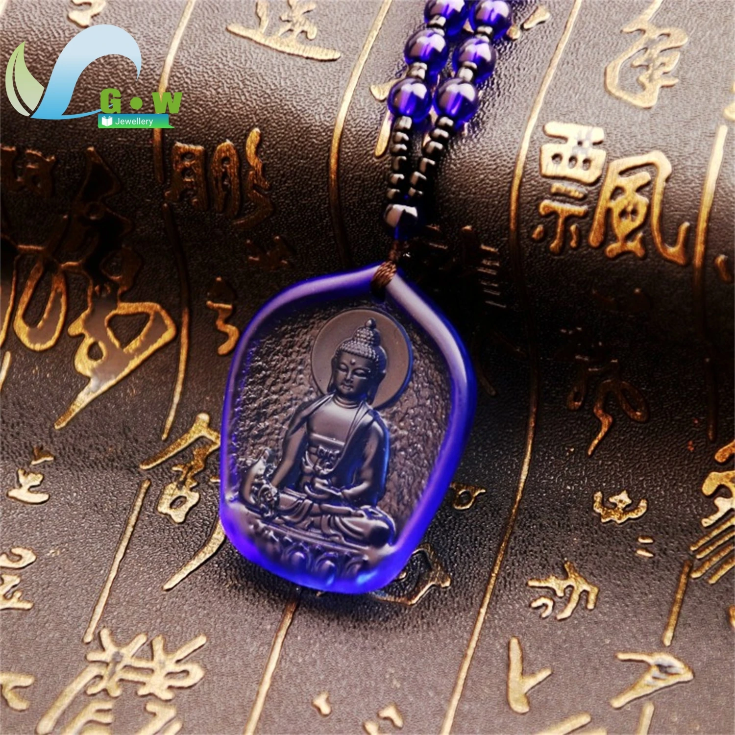 Blue Crystal Teardrop Medicine Buddha Guanyin Pendant Necklace Unisex Spiritual Jewelry Gift for Couples Long Layering Chain