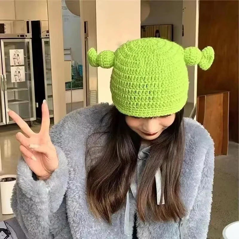 New Balaclava Monster Wool Winter Knitted Devil Hats Halloween Christmas Gifts Winter Warm Green Party Funny Cap Shrek Hat