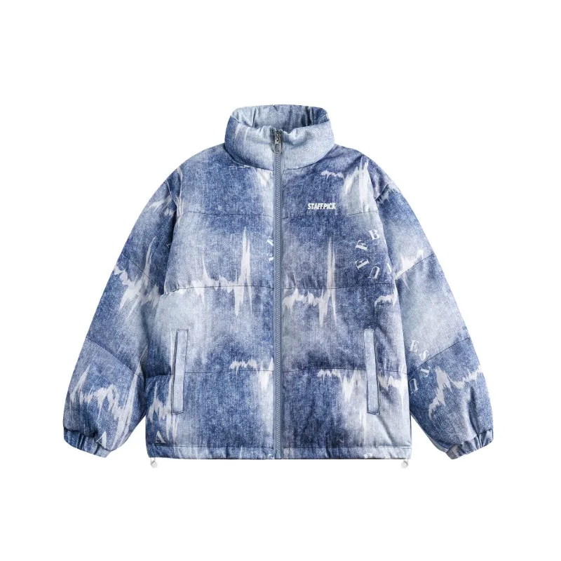 

Winter American Fashion Brand Parkas High Street Tie Dyed Men Women Winter Thick Standing Neck Bread Coat Couple Cotton Coat