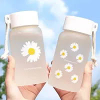 Small Daisy Transparent Plastic Water Bottles 500ml BPA Free Creative Frosted Water Bottle With Portable Rope Travel Tea Cup