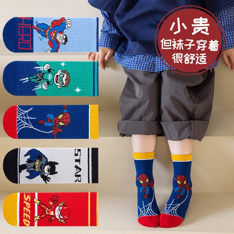 5 pares dos desenhos animados crianças meias tubo médio meias do homem aranha menino primavera outono algodão bonito crianças meias tamanho 1-12 anos