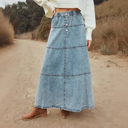 Long Skirts Women Denim Skirt A Line High Elastic Waist Casual Streetwear Elegant Splice Y2k Simple Spring 2025 Maxi Spring