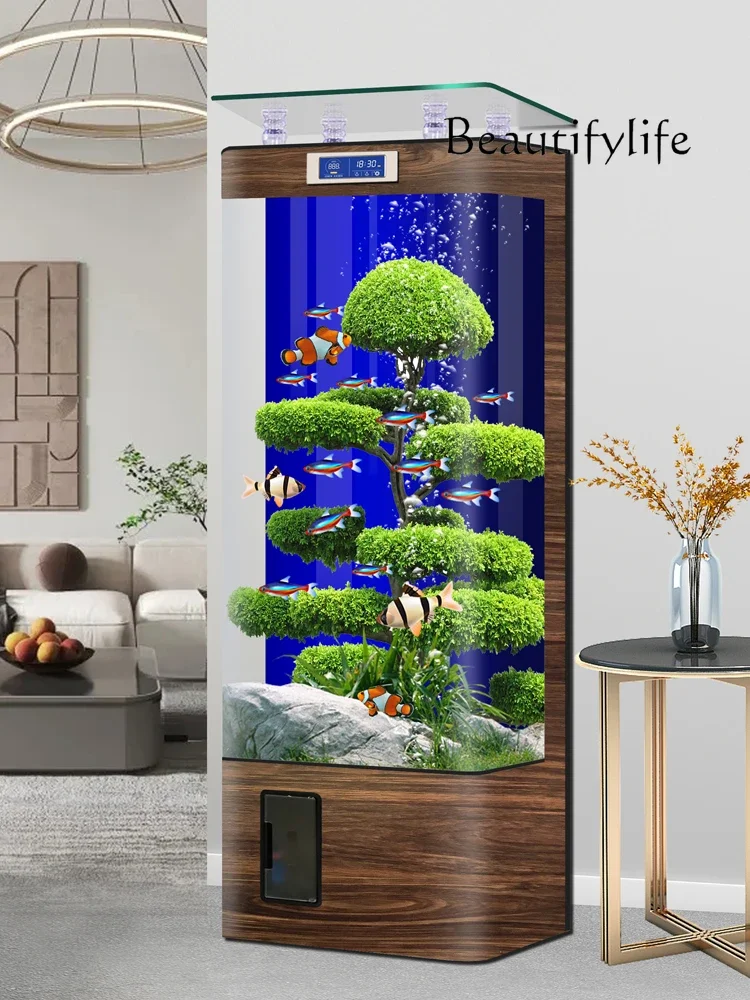 New integrated living room vertical TV next to the aquarium ecological glass smart goldfish tank