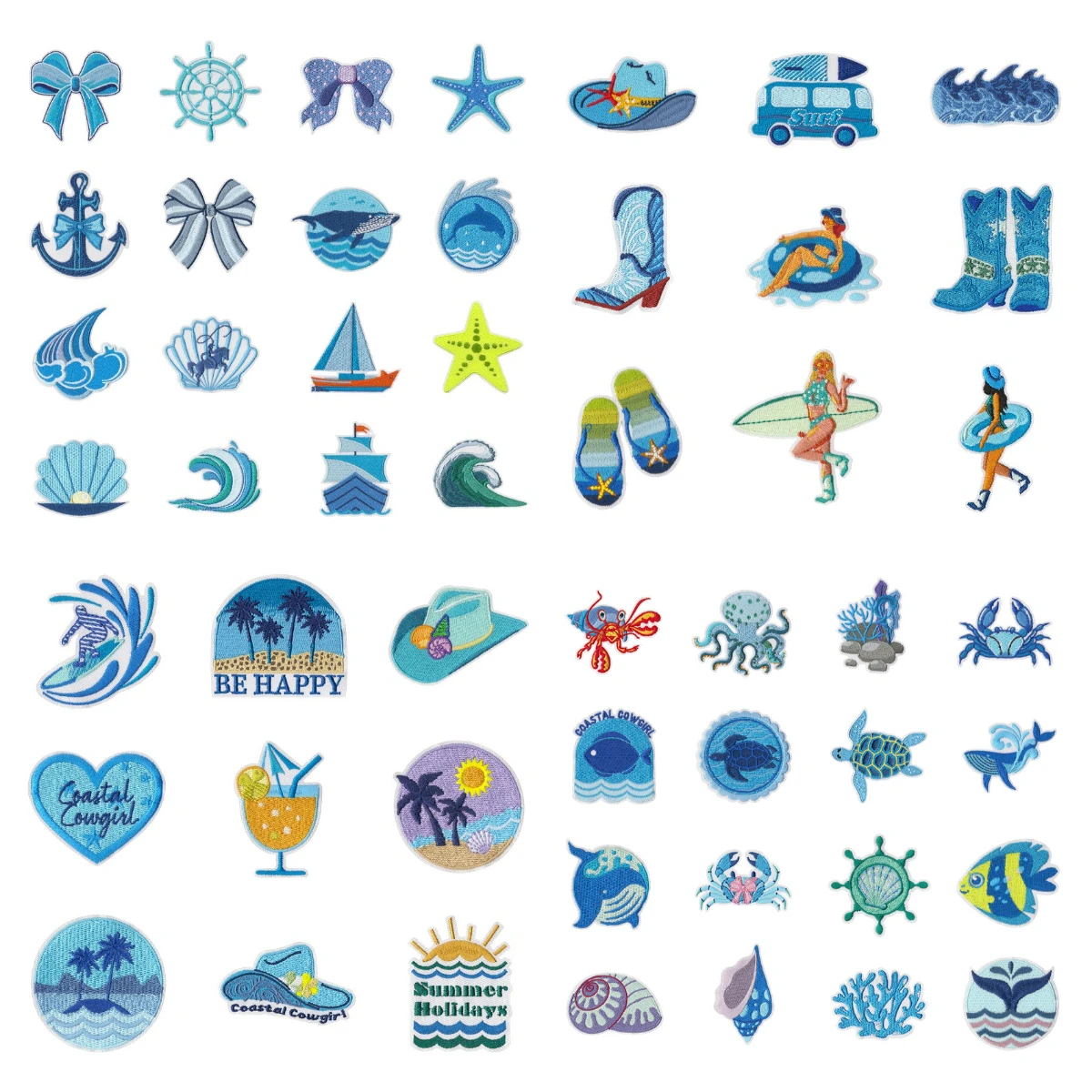 Blue Ocean Style Embroidery Coastal Cowgirl Iron on Patches Sea Creatures Cloth Appliques Surfing Swimming Sailing Holiday Badge