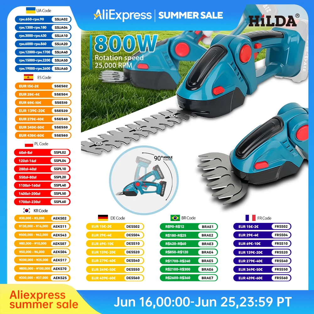 HILDA 2 IN1 Electric Hedge Trimmer Cordless Handheld Weeding Pruning Shear Shrub Mower Garden Tool For Makita 18V Battery