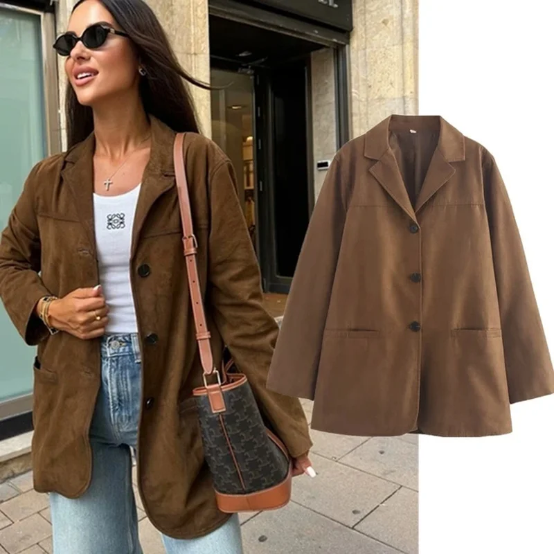 2024 Autumn Maillard Vintage Suede Suit Jacket adies Single Breasted Fashion Blazers Women Casual Jacket