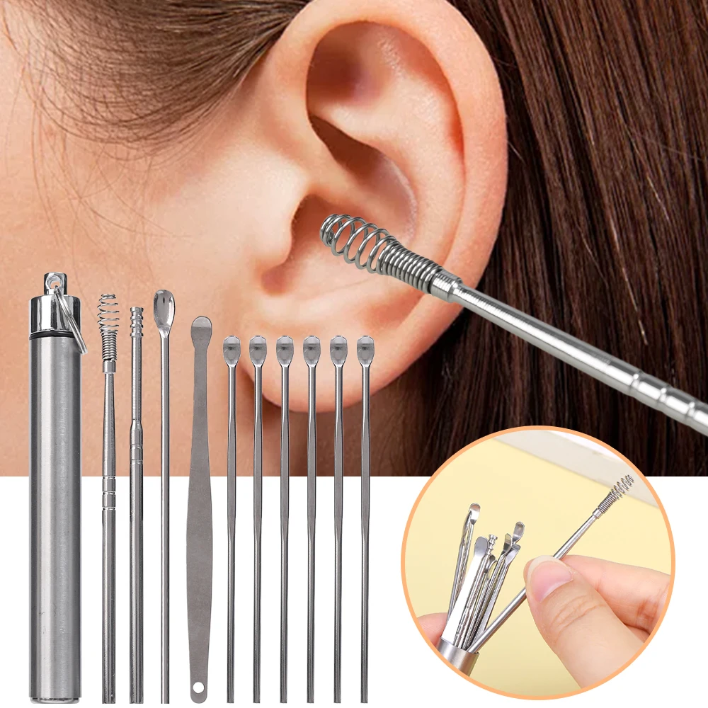 Kit de piercing d'oreille en acier inoxydable, nettoyeur d'oreille, cure-oreilles, dissolvant d'avertissement, cérumen, soins de cuillère, outils de nettoyage, 10 pièces par ensemble, 514 ers