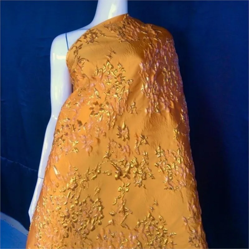 Gold thread embossed flower jacquard fabric with three-dimensional festive evening dress women's and