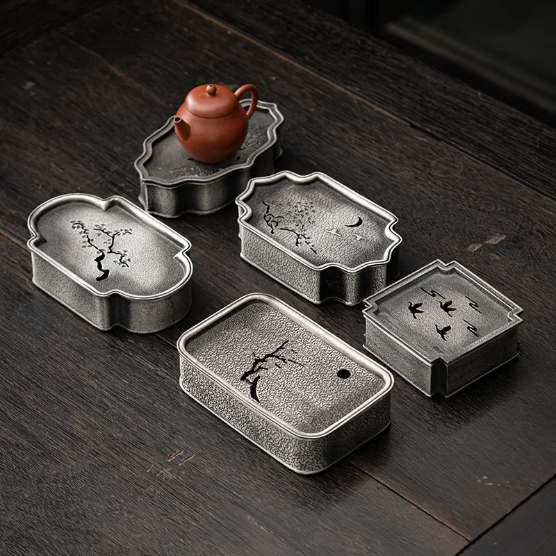 Antikes Teetassen-Tablett aus Zinnlegierung, Wasserspeicher-Tee-Tisch mit Hohlschnitzerei, Chinesisches Zen-Tee-Serviertablett