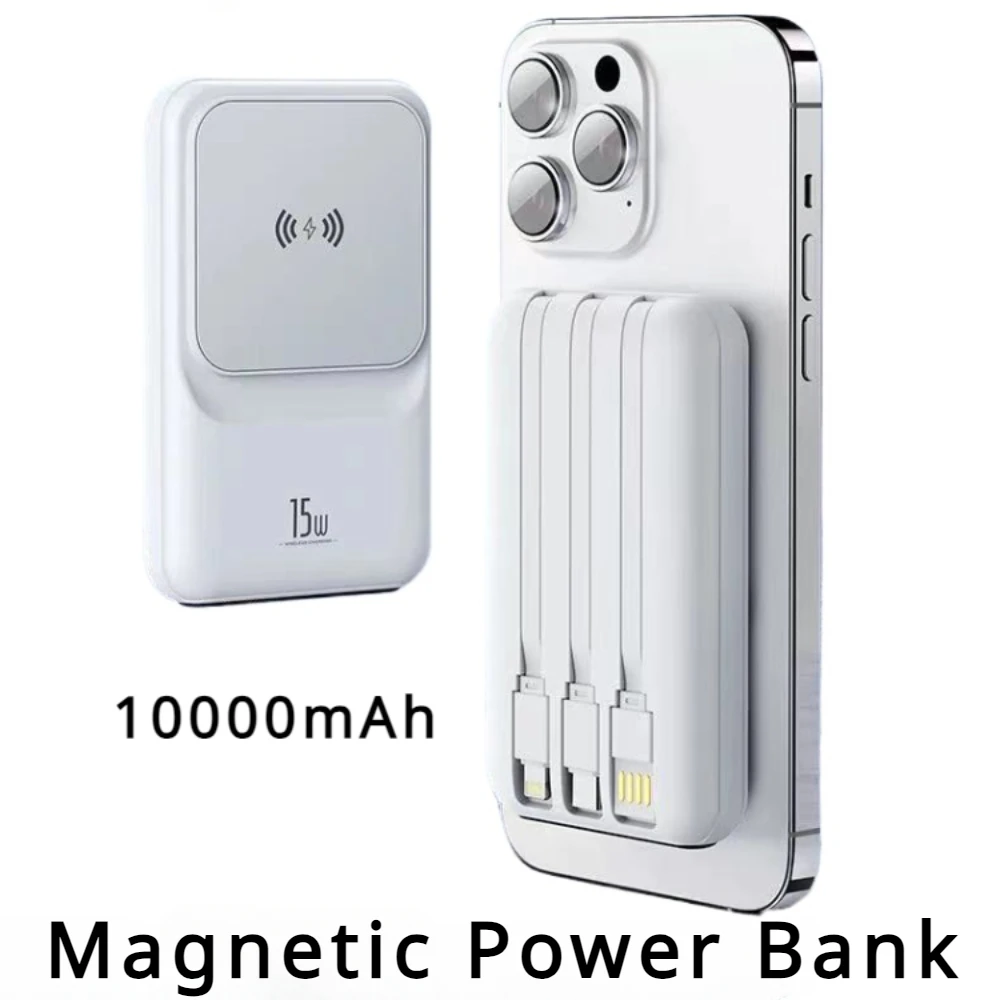 Banco de energia magnética com cabo para iphone e samsung, bateria externa, carregador portátil macsafe, bateria auxiliar sobressalente