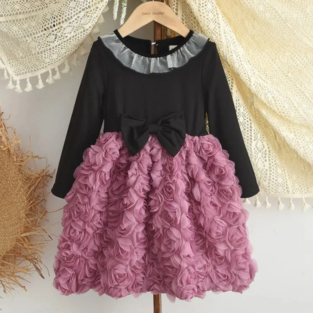 Korean Version Fashion Girl Round Neck Long Sleeved Butterfly Knot Splicing 3D Rose Dress Children's Clothes 3-7 Year Old