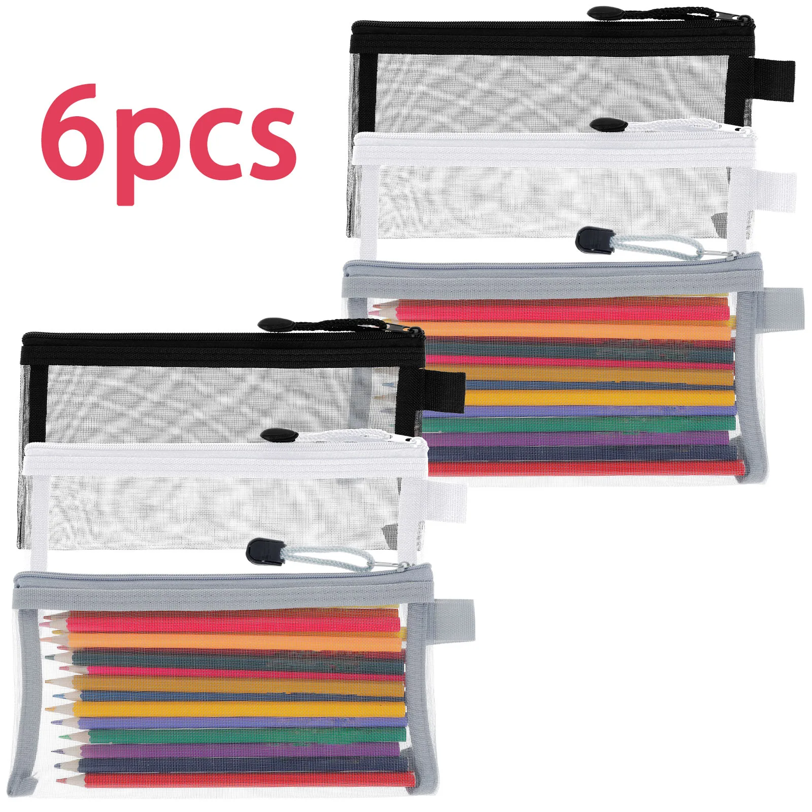 6PCS Transparent Zipper Pencil Case Nylon Makeup Bag Portable Examination Stationery Bag Multipurpose File Organization Bag
