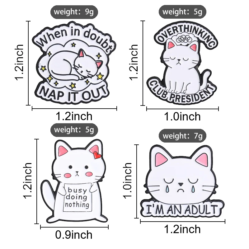 White Cats Enamel Pins Funny Overthinking Club President Brooches Badges Cute Cartoon Moody Animal Jewelry Gift for Friends