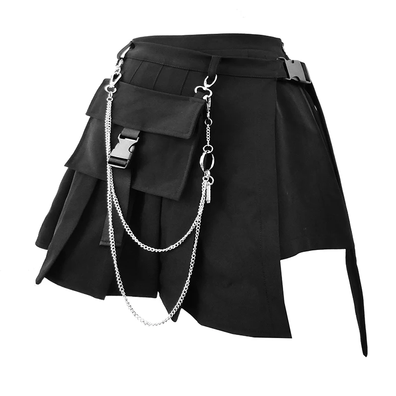 Dark Gothic Street Style High Waist A-Line Chain One Piece Pleated Mini Y2K Skirt Black Bottom Short Pants Two-Piece Set Women